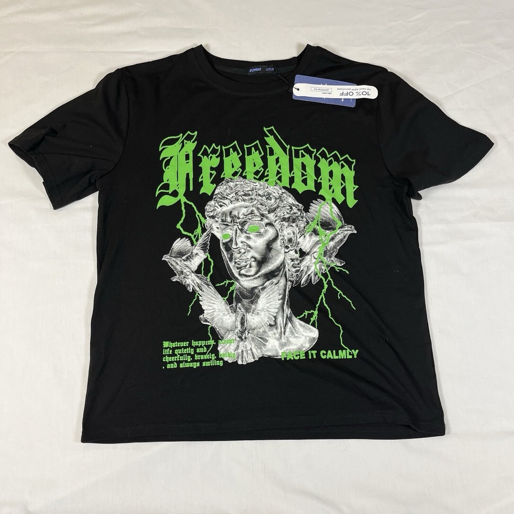 NWT ROMWE T-Shirt Size Small Oversized BLACK Tee GREEN Graphic Freedom Shirt